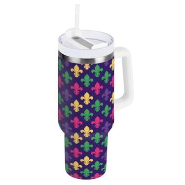Imagem de Blueangle Copo isolado para Mardi Gras de 1,134 g com alça e tampa de palha, caneca de viagem reutilizável de aço inoxidável (479)