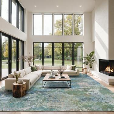 Imagem de BEIMO Tapetes de área 22 x 30 cm para sala de estar e quarto, tapete abstrato moderno lavável à máquina, tapete grande macio de pelo baixo com suporte antiderrapante para sala de jantar, azul e verde