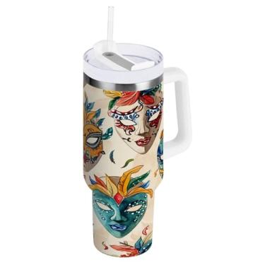 Imagem de Blueangle Copo isolado com padrão de máscaras de carnaval de 1,134 g com alça e tampa de palha, caneca de viagem reutilizável de aço inoxidável (20)