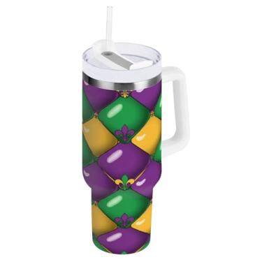 Imagem de Blueangle Copo isolado Mardi Gras Argyle de 1,134 g com alça e tampa de palha, caneca de viagem reutilizável de aço inoxidável (500)