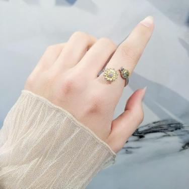 Imagem de Lindo anel de girassol, joaninha, ansiedade, para mulheres, You Are My Sunshine, spinning, alívio de estresse, aberto, ajustável, empilhável, aliança de casamento, margarida, zircônia cúbica, joia