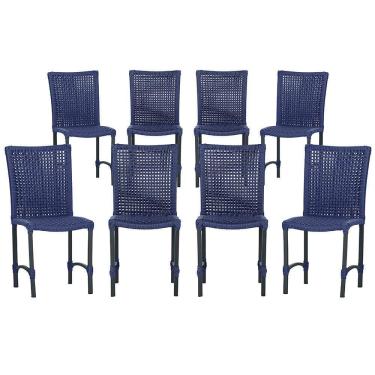 Imagem de 8 Cadeiras De Jantar Cannes De Alumínio Pintura Preta Trama Azul