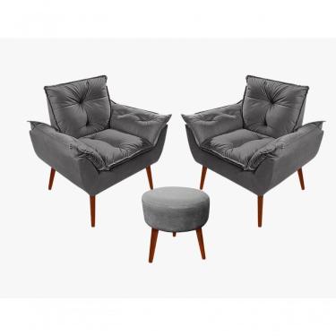 Imagem de Kit C-02 Poltronas Opala + 01 Puff Redondo Danny Suede Cinza Escuro