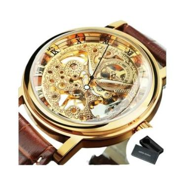 Imagem de Relógio Mecânico Esqueleto Dourado Masculino Transparente De Luxo Com 