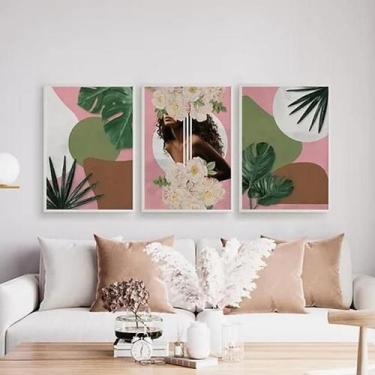Imagem de Kit Quadros Mulher Com Flores E Folhas 24X18Cm 3 Peças - Quadros On-Li