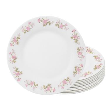 Imagem de Jogo 10 Prato Raso De Vidro Branco Flowers Pink 25,5cm Em Casa Tem