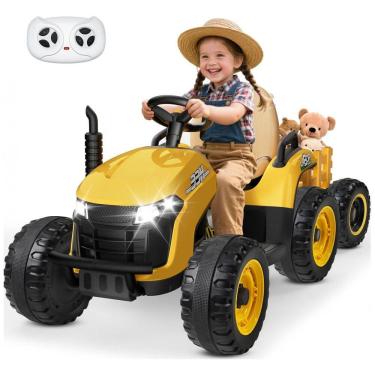 Imagem de Trator Infantil Elétrico ANPABO Amarelo 24V, Trailer Basculante Removível, Pneus EVA, Controle Remoto com Som Realista e Bluetooth
