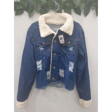 Imagem de Jaqueta feminina jeans com pelinho no punho - Amora mora , Azul escuro