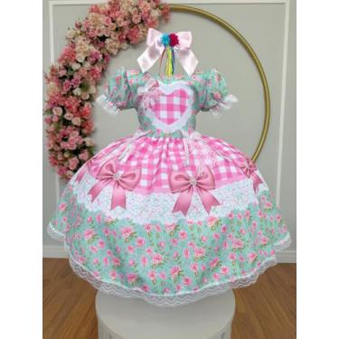 Imagem de Vestido Xadrez Festa Junina Infantil Rosa Verde Coração Laços Junino C