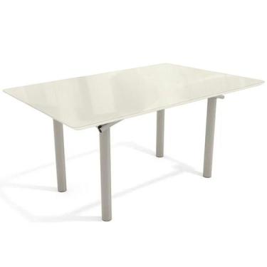 Imagem de Mesa p/ Cozinha Elba Tampo Madeirado c/ Vidro 160cm Niquel/Off White -