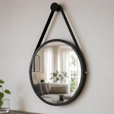 Imagem de Espelho Redondo Decorativo Suspenso Com Alça 40cm + Suporte Preto Alça