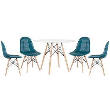 Imagem de Loft7, Kit - Mesa redonda Eames 100 cm branco + 4 cadeiras estofadas Eiffel Botonê Turquesa