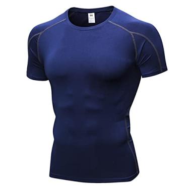 Imagem de Camisetas masculinas para treino, ajuste seco, absorção de umidade, manga curta, gola redonda, atlética, camisetas respiráveis de compressão, Azul marinho, Medium