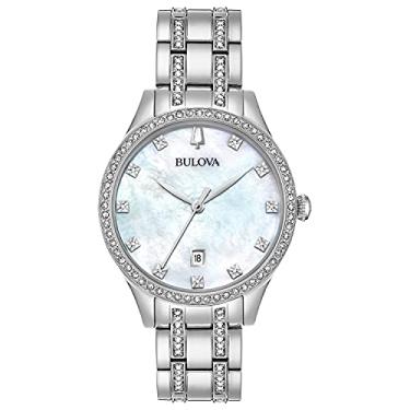 Imagem de Bulova Relógio feminino de quartzo com 3 ponteiros de cristal clássico de aço inoxidável, mostrador de madrepérola branco, estilo: 96M144, Silver-Tone case White dial, Cristal clássico