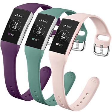 Imagem de GEAK Pacote com 3 pulseiras femininas de substituição de silicone macio para Fitbit Charge 3/Charge 3 SE/Charge 4, grande, verde-ameixa/verde-pinheiro/rosa areia