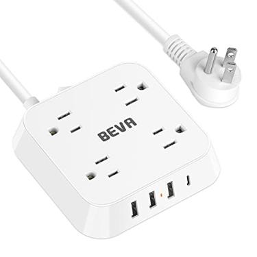 Imagem de Fita de alimentação com USB C, 4 tomadas amplamente espaçadas e 4 portas USB Cabo de extensão de 1,5 m, BEVA protetor contra surtos fita de alimentação USB montável 1250W/10A para tablets de smartphone, casa, viagens, escritório