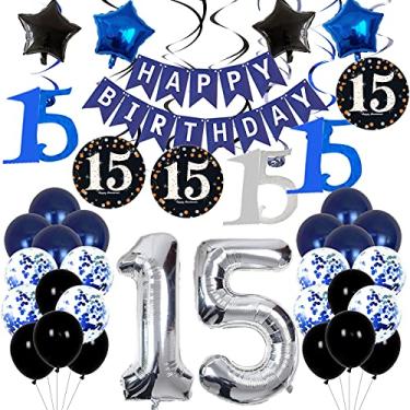 Imagem de Decorações de aniversário de 15 anos para meninos e meninas – Decorações de aniversário azuis para crianças adolescentes, incluindo balões de aniversário para decoração de festa de aniversário – Kit de artigos de festa de aniversário de 15 anos