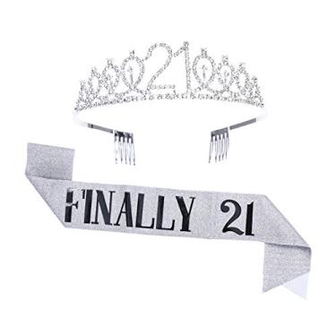 Imagem de Topfunyy Conjunto de tiara e faixa de aniversário de 21 anos – Finalmente 21 faixa prata coroa de cristal para meninas artigos de festa de 21 anos