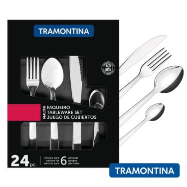 Imagem de Faqueiro Jogo de Talheres Tramontina Kit 24 Peças Aço Inox Malibu Talher Otima Qualidade Garfo Faca e Colher