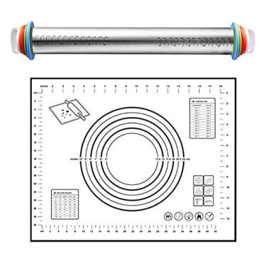 Imagem de ROARINGWILD Conjunto de rolos de aço inoxidável com escala ajustável rolos para assar esteira conjunto de ferramentas para assar (BLACK)