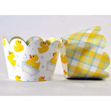 Imagem de Embalagens de cupcake de pato de borracha para gêneros revela, artigos de festa para chás de bebê, festas de aniversário para meninos ou meninas, gênero neutro. Conjunto de 24 envoltórios de suporte de bolo reversíveis padrão de pato xadrez recortado