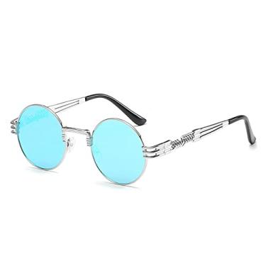 Imagem de Óculos de sol redondos de metal retro steampunk fashion para homens e mulheres primavera perna colorida uv400, n5 prata gelo azul, tamanho único