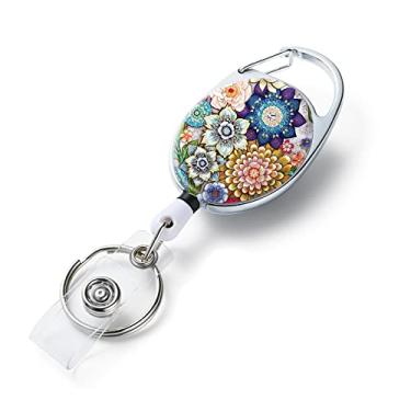 Imagem de Carretéis de crachá retráteis, suportes de crachá retráteis com padrão de impressão de cor dupla face, com chaveiro retrátil, clipe de crachá e chaveiro, corda retrátil de nylon durável, flores datura