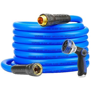 Imagem de YOTOO Mangueira de água de jardim híbrida, resistente, 1,5 m x 7,5 m, resistente a dobras, flexível com bocal de pulverização de 10 funções, alça giratória e acessórios de latão sólido de 0,95 cm,