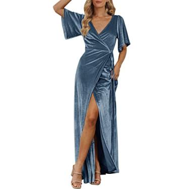 Imagem de MEROKEETY Vestido maxi de veludo com decote em V, manga sino, fenda para madrinha de casamento, coquetéis, Azul escuro, G