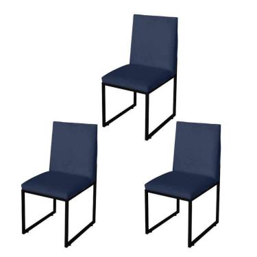Imagem de Kit 3 Cadeira Para Sala De Jantar Trendy Base Metálica Preto Suede Azul Marinho