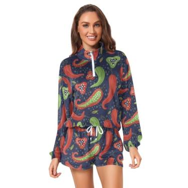 Imagem de KLL Hot Spicy Food Conjunto de moletom vegano de desenho animado para mulheres conjunto de shorts femininos pijama curto conjunto pequeno, Hot Spicy Food Vegan Cartoon, X-Large