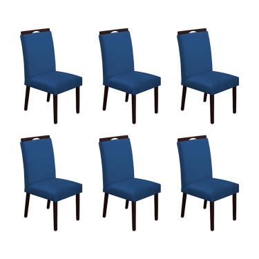 Imagem de Kit 6 Cadeiras de Jantar Madeira Maciça Castanho Premium Heloísa Veludo Azul