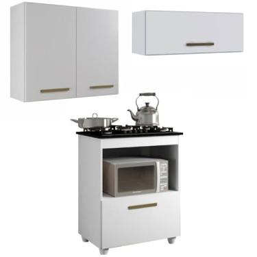 Imagem de Conjunto Balcão para Cooktop 1 porta 1 nicho 5 bocas e 2 Armário Aéreo Branco