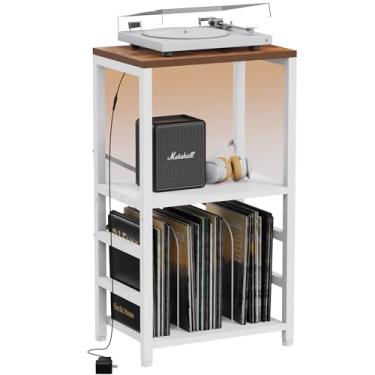 Imagem de YAKANJ Mesa de canto com luz LED, suporte para toca-discos com armazenamento de álbuns, armazenamento de discos de vinil, mesa lateral para toca-discos para sala de música, estúdio, sala de estar,