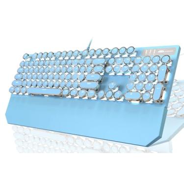 Imagem de Teclado gamer mecânico estilo máquina de escrever retrô punk com retroiluminação branca, switch azul de 104 teclas, com fio, descanso de punho removível, teclas azuis, para escritório/PC/notebook