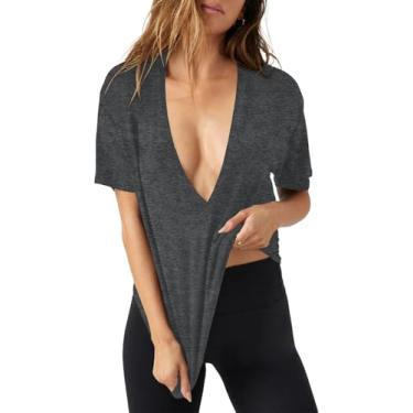 Imagem de Tankaneo Camisetas femininas sexy de verão com decote em V profundo e manga curta, casual, caimento solto, Cinza escuro, M