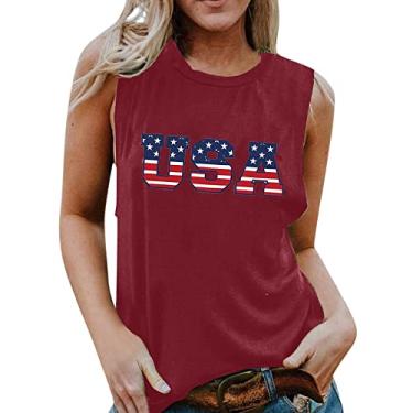 Imagem de Camiseta regata feminina Independent Day com estampa de bandeira sem mangas, gola redonda, caimento solto, camiseta 4 de julho, Vinho, M