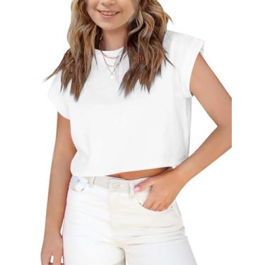Imagem de Haloumoning Camisetas femininas de manga curta cropped manga enrolada gola redonda sólida solta camisetas básicas para o verão, Branco, 13-14 Anos