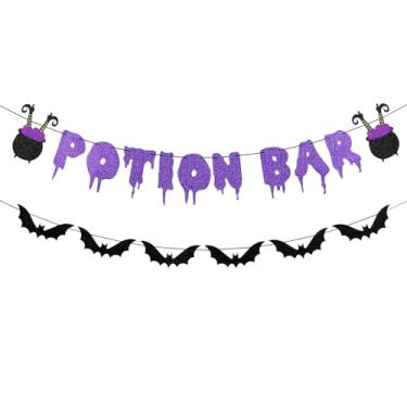 Imagem de Banner roxo com barra de poção e faixa preta com glitter - decorações de festa de Halloween, decorações de morcego de Halloween, decorações de barra de poção, decoração roxa de Halloween, decorações de festa Hocus Pocus