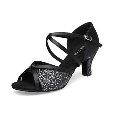 Imagem de EAKLVB Tênis de dança de salão feminino, salsa latina Bachata Practice Performance Dancer Shoes, Salto preto brilhante de 6 cm, 35