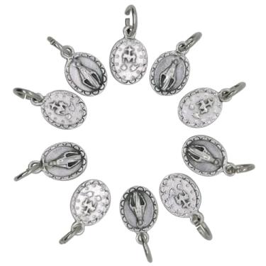 Imagem de Pacote com dez pequenas medalhas milagrosas | Pingentes de metal prateado | Ótimo presente católico para a primeira comunhão e confirmação | Adicione à joia religiosa ou à joia DIY, Metal, Sem Pedra