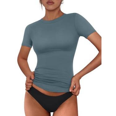 Imagem de Trendy Queen Short feminino de verão com manga e gola canoa cropped slim fit stretch camisetas básicas de compressão, Azul índigo, P
