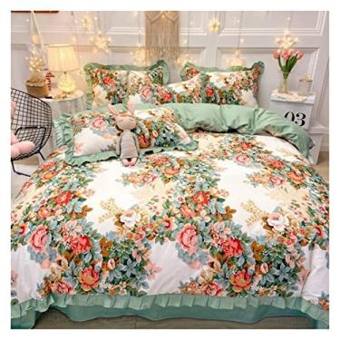 Imagem de Jogo de lençol de luxo 3/4 peças jardim rosa verde vintage flores conjunto de capa de edredom meninas algodão queen macio confortável conjunto de cama com lençol de cima fronhas de cama (cor: 1