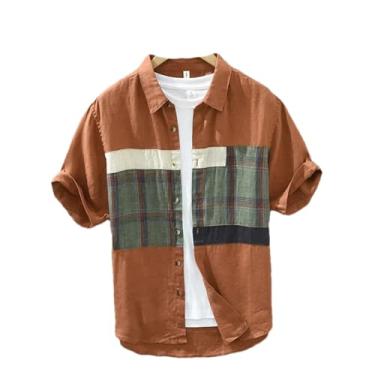 Imagem de Camisa de manga curta masculina de linho liso com gola virada para baixo, roupas masculinas de verão xadrez patchwork, Laranja 2523, G