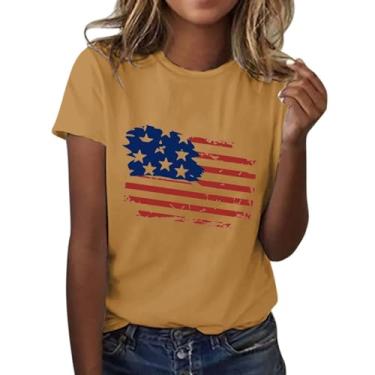 Imagem de Camiseta feminina moderna casual com bandeira do Dia da Independência estampada gola redonda manga curta camiseta xadrez para mulheres, Amarelo, M