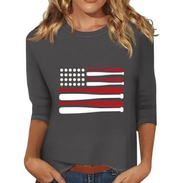 Imagem de Camiseta feminina 4 de julho, camiseta com bandeira dos EUA, beisebol, estampada, dia da independência, roupas de treino de verão, Cinza, 5G