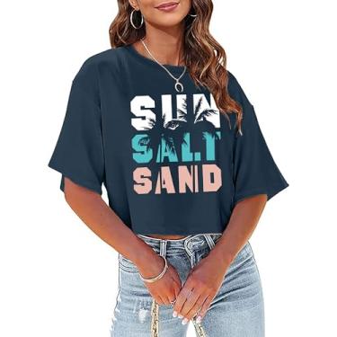 Imagem de CAZYCHILD Camisetas havaianas femininas para sol, sal e areia, coqueiro, verão, praia, estampado, camiseta cropped casual, Azul-escuro, M
