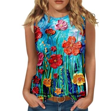 Imagem de Camiseta regata feminina com estampa floral, frente única, sem mangas, verão, casual, folgada, túnica, boho, férias, Azul claro, 3G