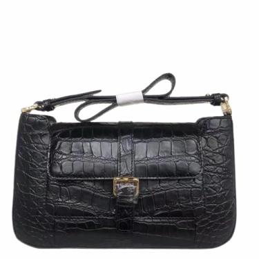 Imagem de Bolsa feminina exótica de couro de crocodilo genuína, bolsa de ombro única feminina de couro de jacaré autêntico, Preto, 26cm(Width) x 16cm(Height) x 4.5cm(Deep)