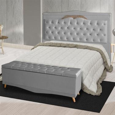 Imagem de Kit De Cabeceira De Cama Box E Calçadeira Baú Helena Casal 140 Cm Retro Capitonê Suede Prata Eli Móveis